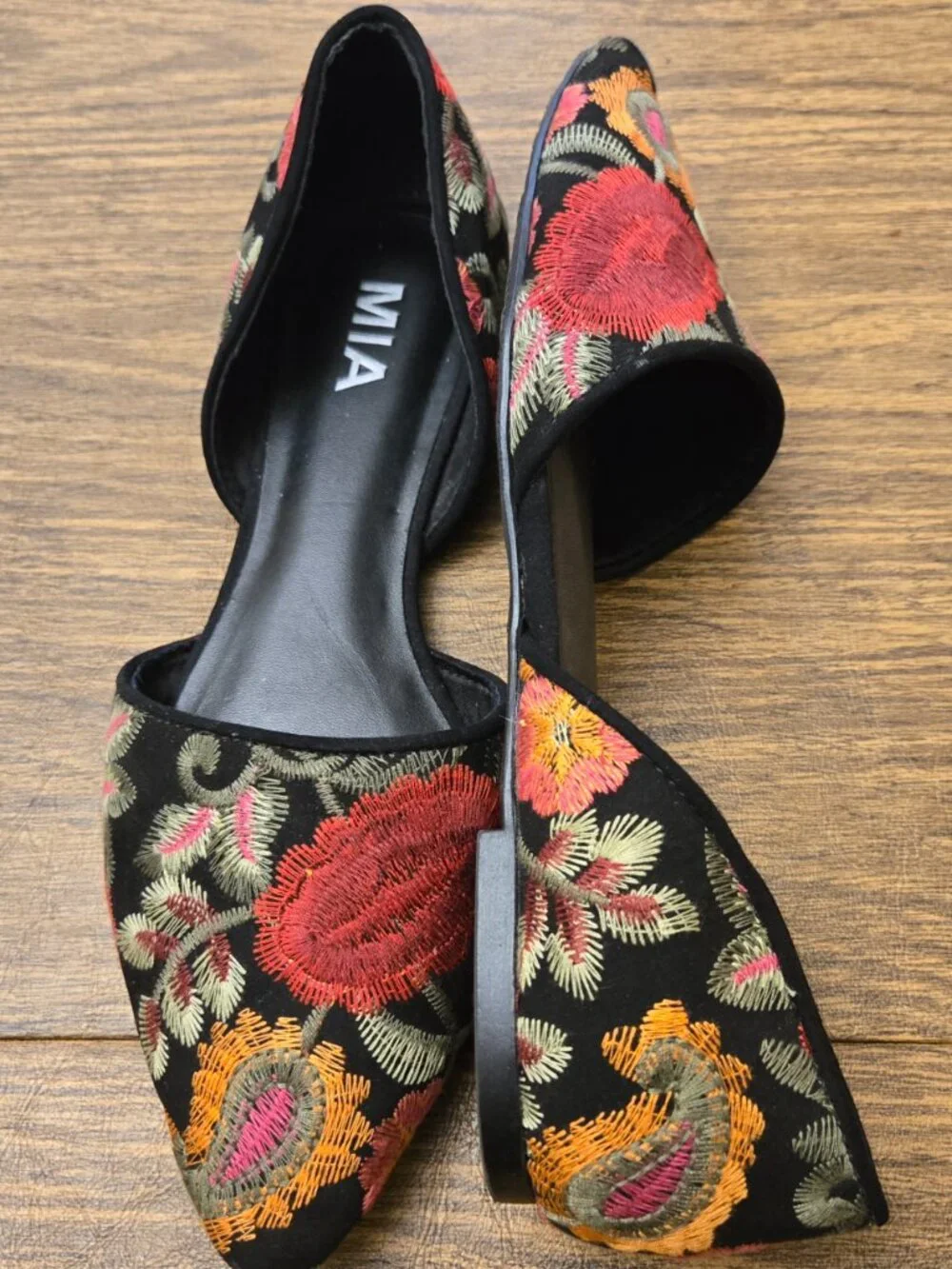 MIA Caroline Floral Embroidered d'Orsay Pointed Toe Flats on Black Background